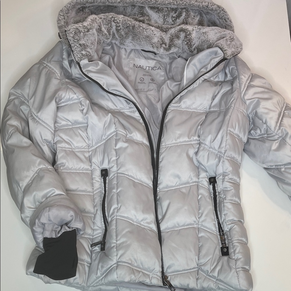 Silver Gray Puffer Jacket with Removable Fur Lined Hood Nautical Size XL